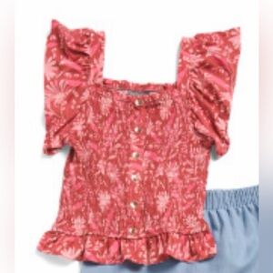 Vince Camuto Girls Red Pink Floral Smocked Blouse Flutter sleeves